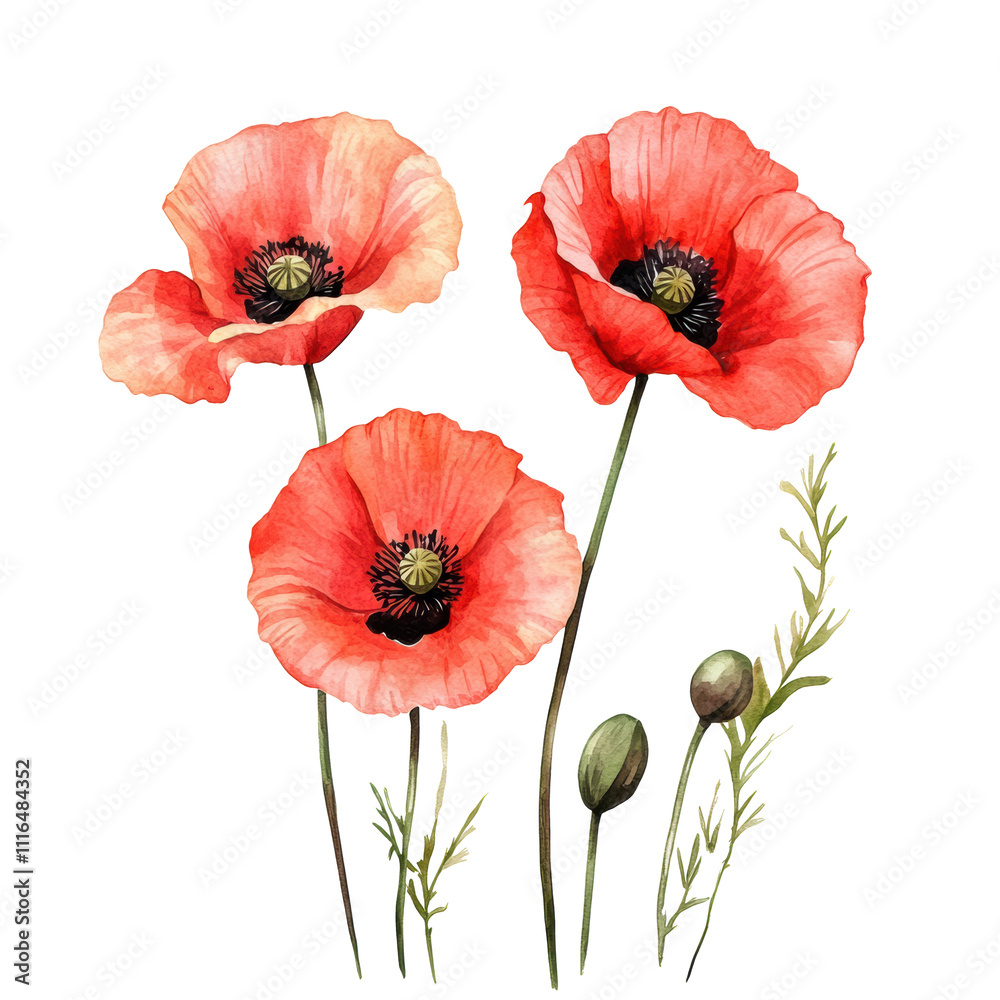 Fototapeta premium Beautiful red poppy flowers bloom in vibrant colors on isolated background