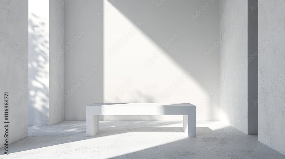 Fototapeta premium Minimalist White Room Interior Design With Simple Bench