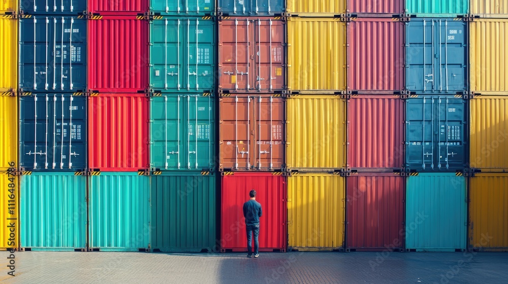 Fototapeta premium Back view of a logistics coordinator ensuring stock container in a brightly port