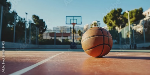 Close-up of a basketball ball on the court, clean background with space for text. photo