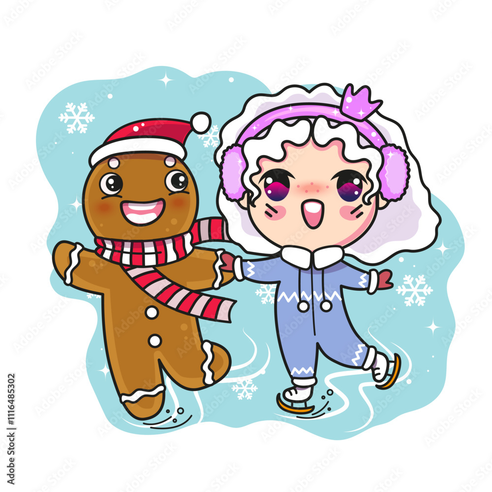 Cute Christmas illustration. Ginger man with elf skating. Kawaii Christmas design Cute Christmas illustration. Ginger man with elf skating. Kawaii Christmas design