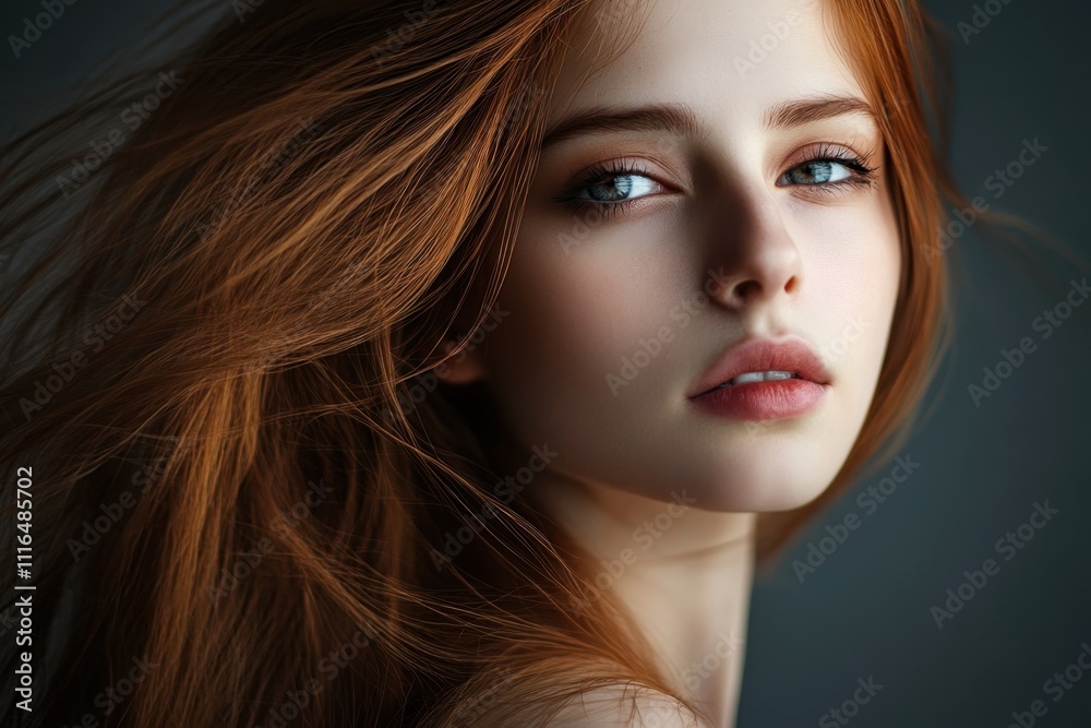 Fototapeta premium Young woman with flowing red hair gazes thoughtfully at the camera in soft light