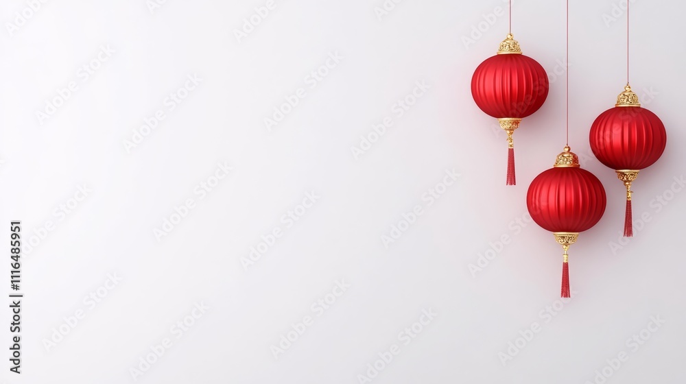 Red Chinese Lanterns Hanging on White Background for Lunar New Year Celebration Red Chinese Lanterns Hanging on White Background for Lunar New Year Celebration