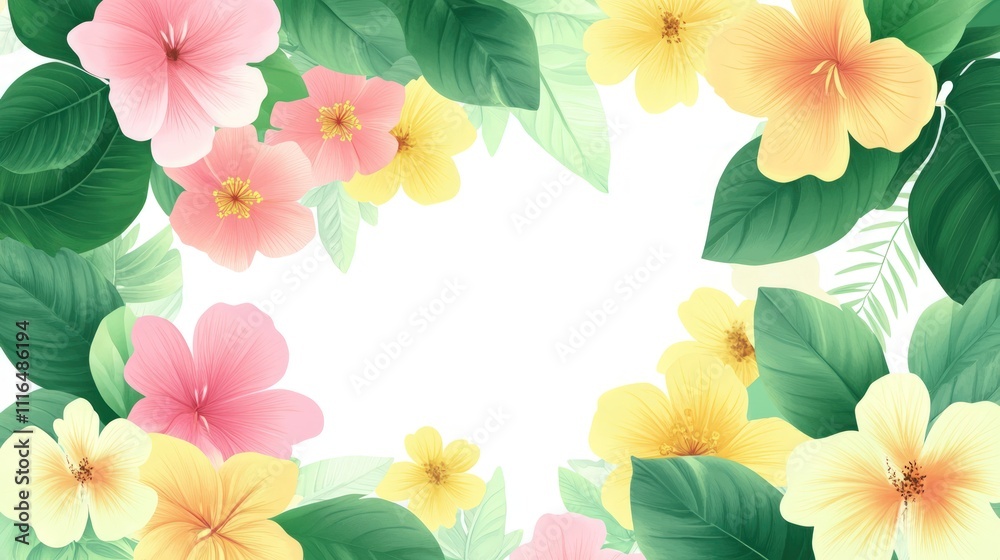 Obraz premium Floral frame, pastel pink, yellow flowers, green leaves.