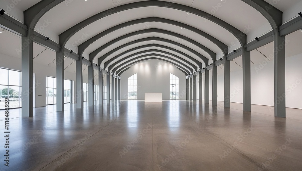 Naklejka premium modern exhibition hall with a high, vaulted ceiling, spanning large open area, art galleries, trade shows, sports events, spacious, well-lit hall, concrete building hall, created with generative ai