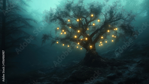 Enchanting Tree Illuminated by Warm Lights in a Mystical Forest.A large tree, adorned with numerous warm-toned lights, stands majestically in a dense, misty forest at night.