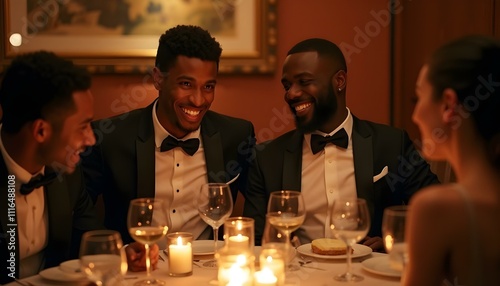 Several black men groom groomsmen at a wedding reception party gala event with wine and dinner smiling