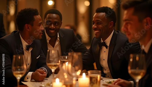 Several black men groom groomsmen at a wedding reception party gala event with wine and dinner smiling