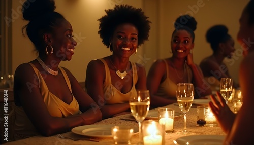Several black women bridesmaids at a wedding reception party gala event with wine and dinner smiling