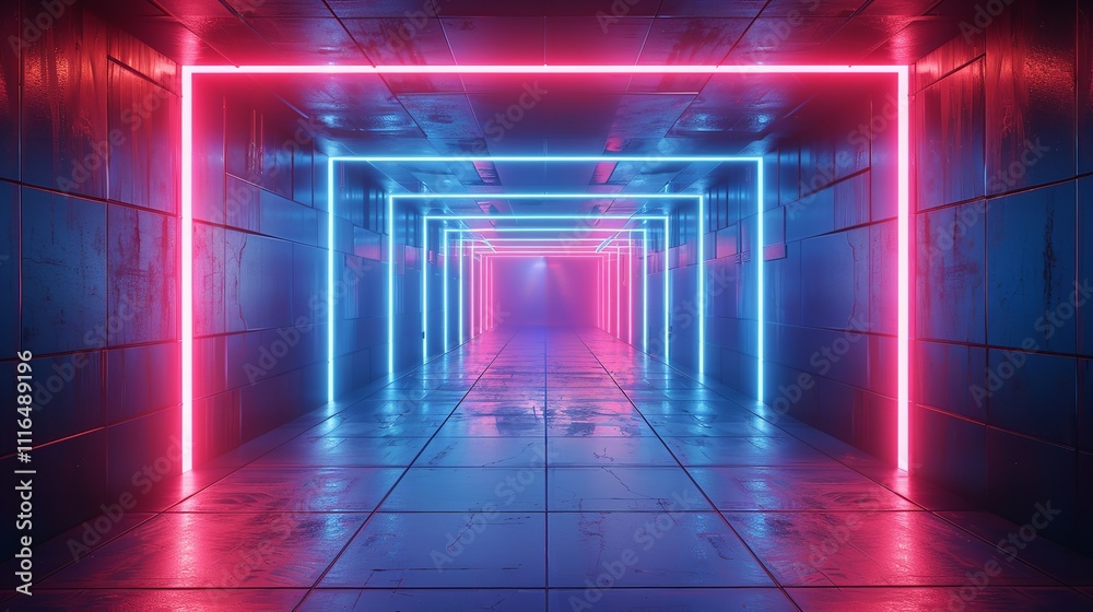 Naklejka premium Futuristic neon corridor with vibrant pink and blue lights. A perfect backdrop for sci-fi, gaming, or technology projects.