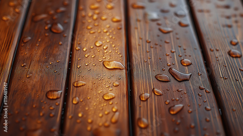 Water droplets on dark brown wood showing water-resistant finish. Close-up of water droplets resting on a dark brown wooden surface.