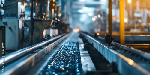 A factory warehouse with organized shelves of materials and workers moving boxes, space for text. photo