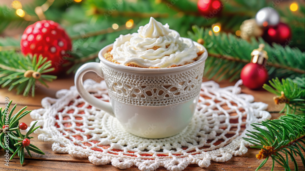 Festive mug with whipped cream on crochet doily Festive mug with whipped cream on crochet doily