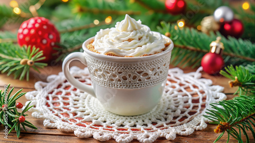 Festive mug with whipped cream on crochet doily