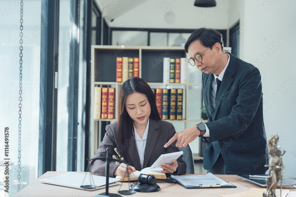 Lawyers Collaborating: Focused and professional, a male lawyer provides guidance to a female colleague as they examine documents in a modern office setting. Lawyers Collaborating: Focused and professional, a male lawyer provides guidance to a female colleague as they examine documents in a modern office setting.