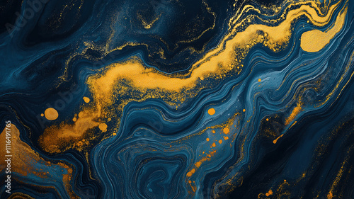 Abstract Navy Blue and Gold Marbled Texture Background. A mesmerizing abstract background featuring flowing navy blue and light blue marbled patterns, accented with scattered gold glitter.