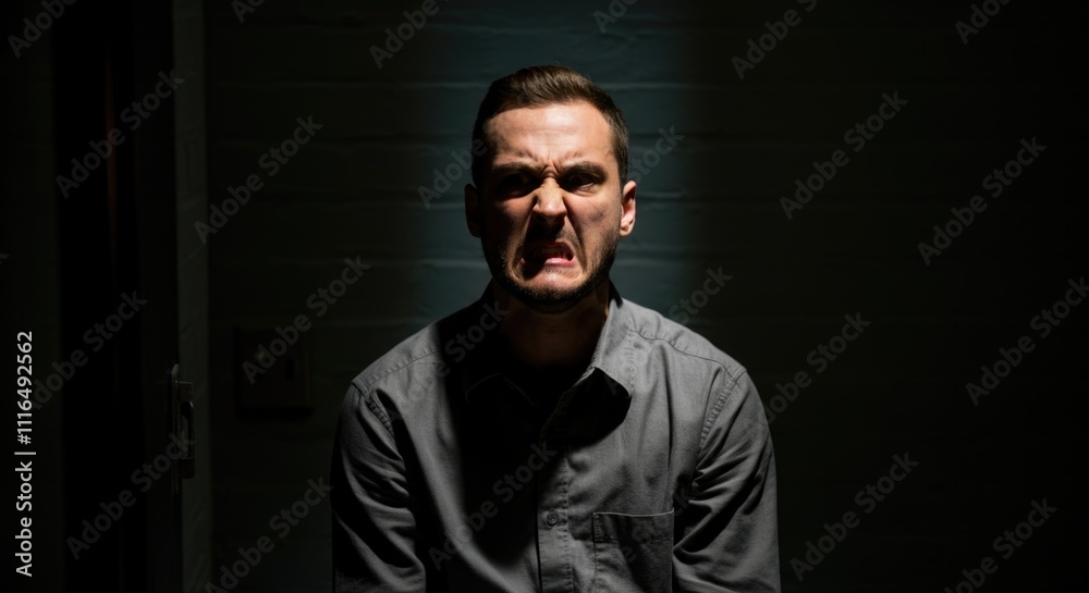 Man Showing Anguish in Dramatic Low-Light Setting, Crime Investigation Man Showing Anguish in Dramatic Low-Light Setting, Crime Investigation