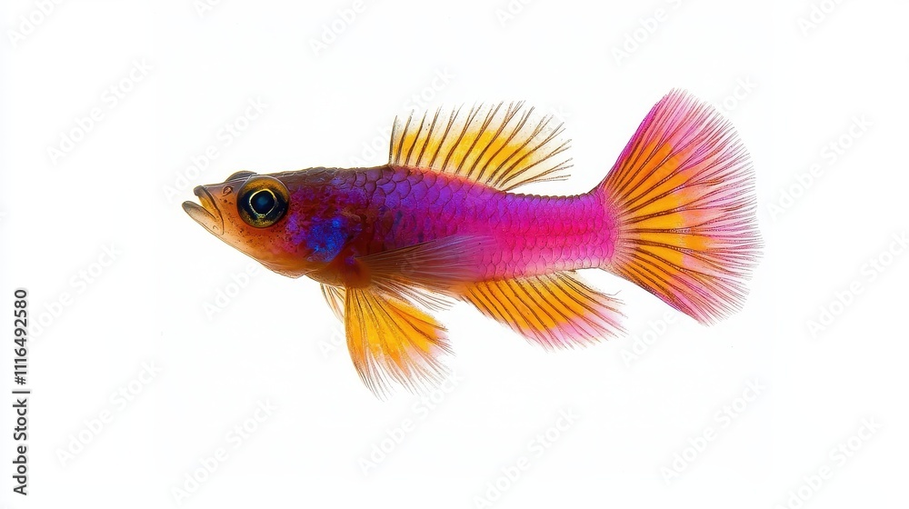 Fototapeta premium Colorful Freshwater Fish with Vibrant Fins Swimming Gracefully in a White Background, Perfect for Aquatic Adventures and Nature Photography Projects