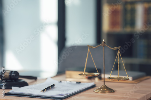 Scales of Justice: A close-up shot of a wooden desk with a gavel, a pen, legal documents, and a scale of justice. The image evokes a sense of legal proceedings and the pursuit of justice.   photo