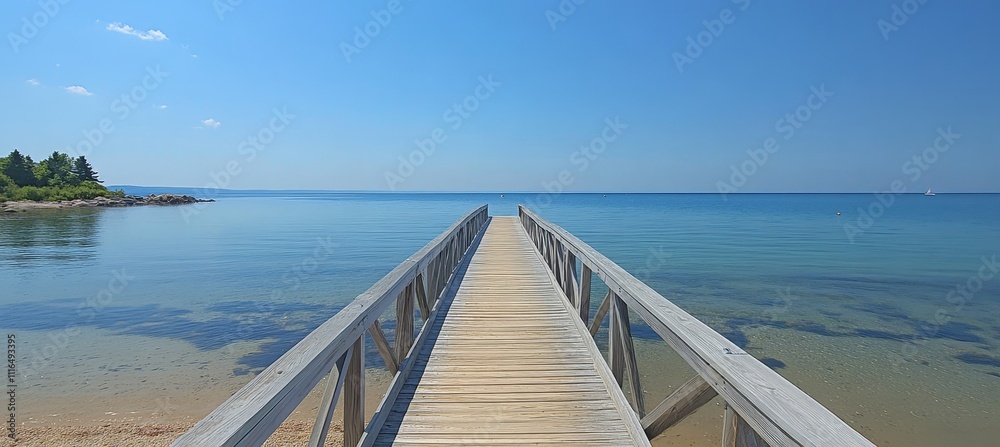 Fototapeta premium Tranquil Ocean View with Sandy Beach Wooden Boardwalk Pier Leading to Blue Horizon on Sunny Day