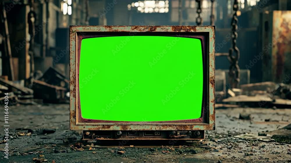Old rusty television showing green screen in abandoned factory