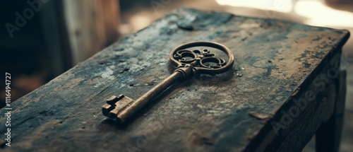 A vintage key lies on an aged wooden table, hinting at secrets and stories long forgotten in a rustic setting. photo