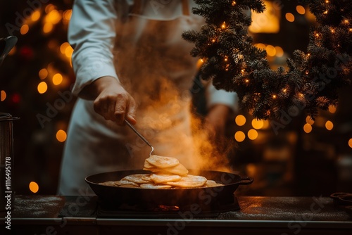 A chef skillfully flips pancakes in a warm, festive kitchen, showcasing the joy of cooking with cast iron skillets amidst twinkling lights and holiday decor.