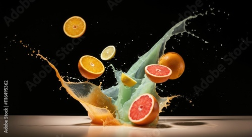 Citrus Explosion: Fresh Fruit and Splashing Juice Against Dark Background