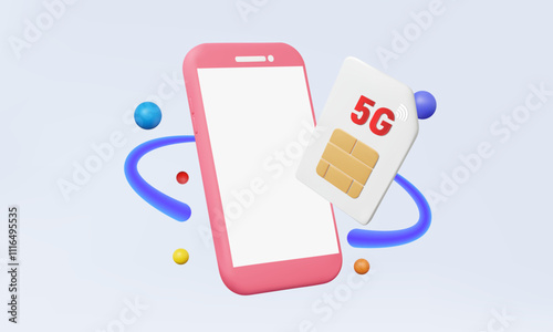 Mobile phone with SIM card 5G technology golden chip internet network wireless communication play social media via smartphone high speed. 3D vector elements design