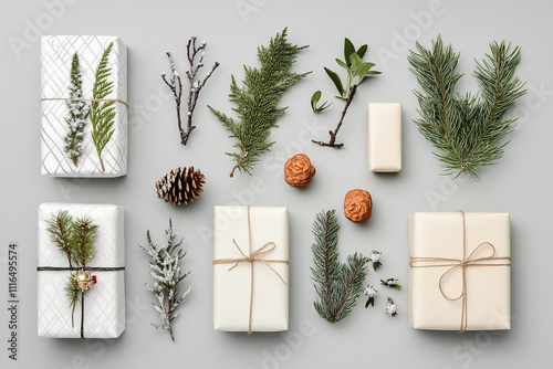 Arrangement of Christmas decoration items and branches