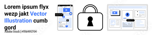 Smartphone screen displaying secured content, large padlock icon, computer showing secure analytics dashboard. Ideal for cybersecurity, data protection, digital privacy, online safety, secure access