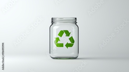 Clear Glass Jar with Green Recycle Symbol in Minimalist Setting Reflecting Eco-Friendly Lifestyle and Sustainable Practices for Environmental Awareness photo