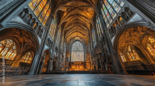 Majestic cathedral interior, stone arches, stained glass windows, high ceiling, altar.