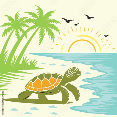 A Turtle On The Beach With Palm Trees And Birds.