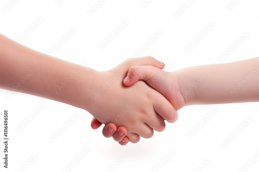 Two children clasp hands firmly, symbolizing unity and friendship. Their joyful gesture emerges against a simple white backdrop, highlighting their connection.