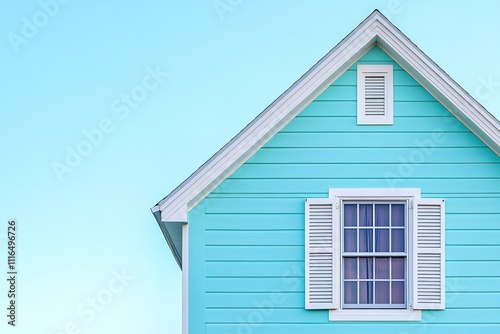 Bright blue house facade against a clear sky