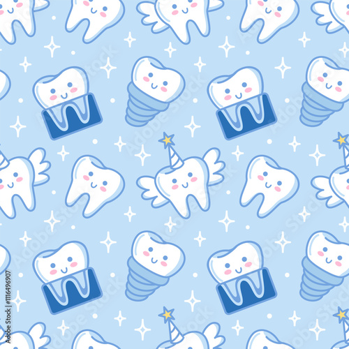 Adorable and Charming Tooth Pattern Perfectly Designed for a Dental Theme Concept. Healthy organ, digestive system. Vector illustration. Health problems. For textile, wallpaper, background. kawaii
