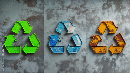 Three recycling symbols on a textured, grey, concrete like background. The symbols are in different colors: green, blue, and orange, each with a slightly weathered appearance, suggesting they are made photo