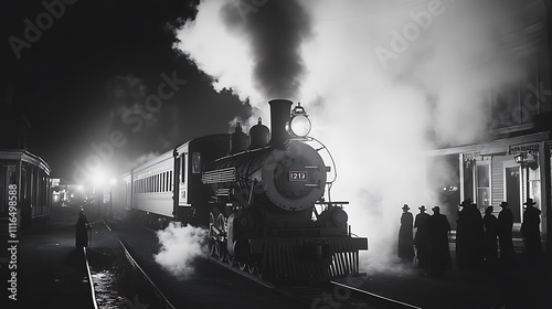 Steam Locomotive Train Arriving at Night with Figures in Silhouette photo