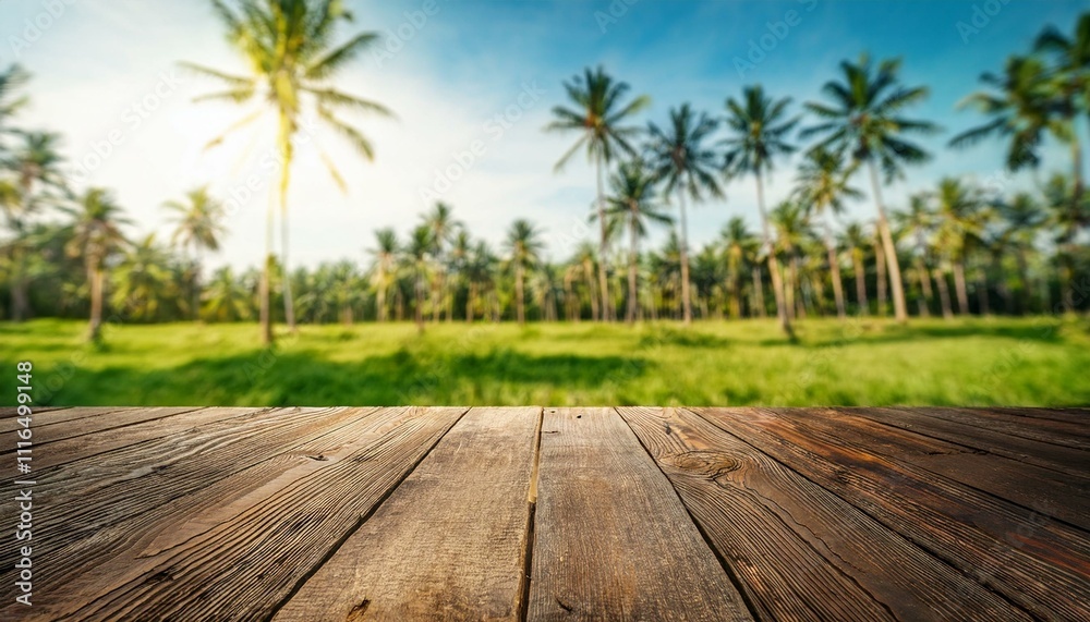 Natural Charm: Rustic Wooden Table with Blurred Coconut Farm View Natural Charm: Rustic Wooden Table with Blurred Coconut Farm View