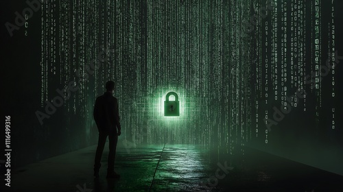 A hacker in a dark room facing a wall of encrypted data, with green code raining down but a bright, impenetrable lock in the center.