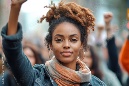 Confident young African American woman at the forefront of a crowd during a public protest. Empowerment, leadership, and confidence.