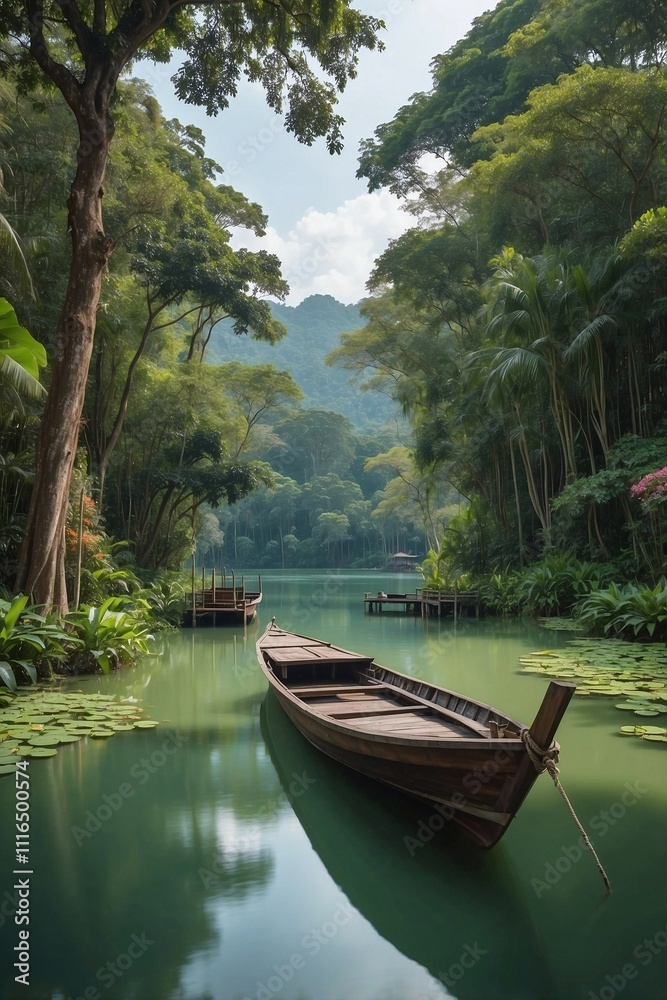 Obraz premium Charming Boat Resting on the Lakeshore Next to a Lush Green Forest and Thai Architecture