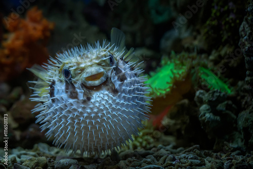 Close-up of an inflated Pufferfish swimming underwater photo