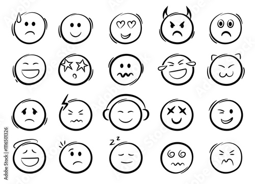 Doodle emoji face icons set. Sketch style ink brush vector signs.