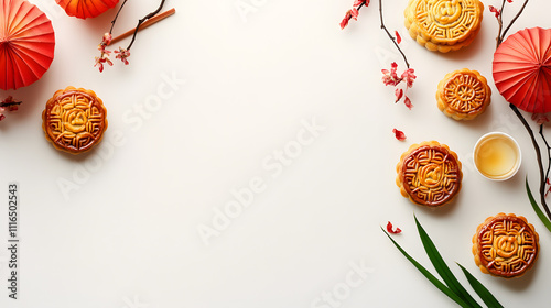 traditional Mid-Autumn Festival scene with mooncakes, lanterns, and a full moon, placed on a white background photo