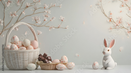 traditional Easter setup with decorated eggs, a bunny, and a basket of chocolates, placed on a seamless white background photo