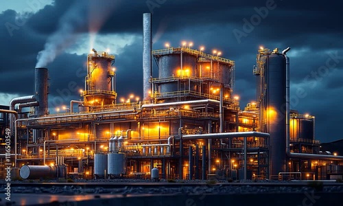 Industrial complex illuminated at dusk with smoke stacks. photo