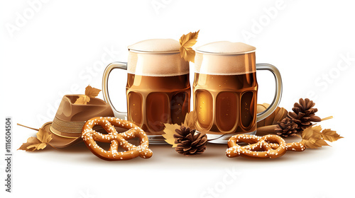 Oktoberfest setting with beer mugs, pretzels, and traditional Bavarian hats, isolated on a plain white background photo