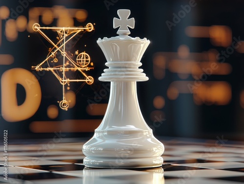 Glowing symbols and a chess king piece on a minimalist chessboard photo